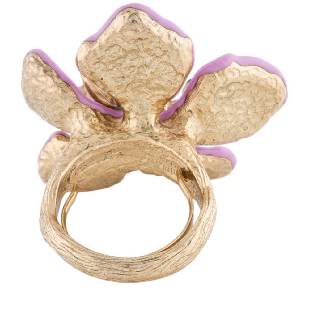 Oscar de la Renta Pink Floral Flower Statement Ring Size 6 Crystal Enamel Resin - Picture 8 of 13